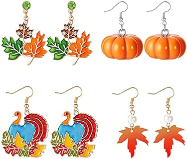 Women's Thanksgiving Festive Collection - 4 Pairs Alloy Drop Dangle Earrings with Pumpkin, Red Maple Leaf & Turkey Design, French Wire Back Finding
