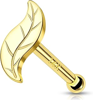 MeIighting 14K Solid Gold Leaf Nose Stud with Gold-plated-brass Chain for Women - Real Gold Nose Screw with Delicate Leaf Design and Hypoallergenic Material