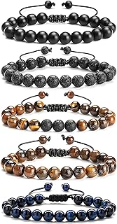 Bracelets for Men 5pcs Tiger Eye Mens Bracelet Gifts for Men Handmade Adjustable Lava Rock Stone Mens Beaded Bracelets