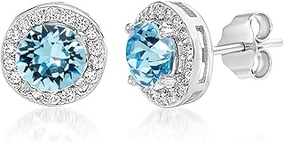 Devin Rose Women's Sterling Silver Halo Stud Earrings with Round Faceted Crystals and Secure Push-Back Design, December Imitation Birthstone
