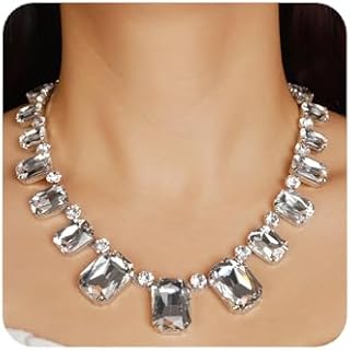 Mariner-Chain Square Crystal Necklace & Earrings Set for Women & Girls by YERTTER - Glamorous Rhinestone Choker for Weddings and Special Occasions