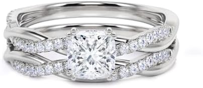 Adjustable Size Cushion Cut Moissanite Bridal Set Rings - From 1 to 3 Carat Options with Free Engraving - Featuring a Twisting Infinity Pave Design in Premium 10K/14K/18K White Gold