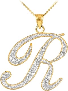14K Yellow Gold Diamond Accented Dangling Cursive Initial R Charm 4/5" Pendant Necklace (J-K Color, I1-I2 Clarity) - Choice of Length