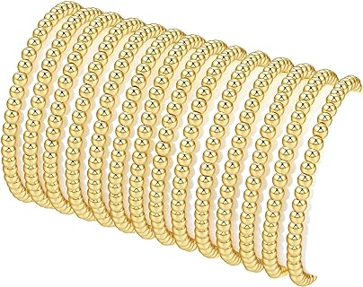 14 PCS Gold Beaded Bracelets for Women 14K Gold Plated Bead Ball Bracelet Stretchable Elastic Gold Bracelet for Women Stackable