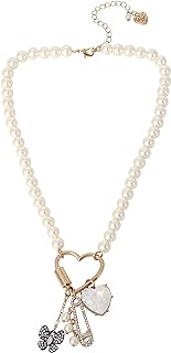 Betsey Johnson Glass, Plastic, Metal Charm Pendant Necklace with Lustrous Pearl Strand and Distinctive Heart Clasp – Lobster Claw Closure for Secure Fit