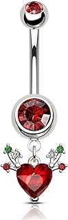 COCHARM Christmas Dangle Belly Button Rings 14G Red CZ Antlers Belly Navel Rings for Women Stainless Steel Belly Piercing Jewelry Stainless Steel