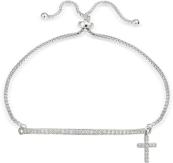 Exquisite Sterling Silver Cubic Zirconia Cross Bangle Bracelet with Unique Box Chain Design and Secure Clasp