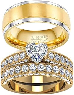 His and Hers Tungsten Wedding Ring Sets with Cubic Zirconia Heart Design - Gold Plated Titanium Bridal Bands for Couples