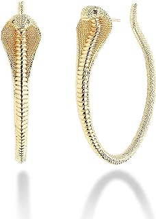 Fettero Women's Boho Stud Earrings - 14K Yellow Gold Plated, Snake Hoop Design with Cubic Zirconia Gem, & Clutchless Back Finding