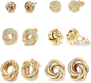 RIOSO 6 Pairs Gold Knot Earrings Simple Stud Knotted Button Earring Set Gold Stud Earrings for Women