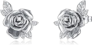 LWXIE Diamond Rose Stud Earrings for Women 925 Sterling Silver Rose Earrings with Lab Grown Diamond Jewelry Gifts for Mom Wife Girlfriend Daughter Sister Friend