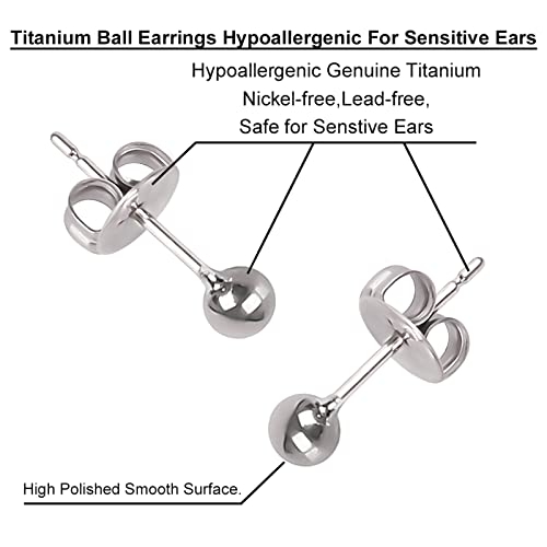 Ball Stud Titanium Earrings,Hypoallergenic for Women Girls High Polished Colored for Sensitive Ears, 3mm and 4mm Pure Titanium Nickel-Free Lead-Free