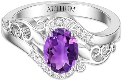 Adjustable 925 Sterling Silver Ring, Oval Cut 6*8mm Genuine Amethyst with Optional Moissanite or Lab Diamonds, Personalized Name Design, Perfect Gift for Women