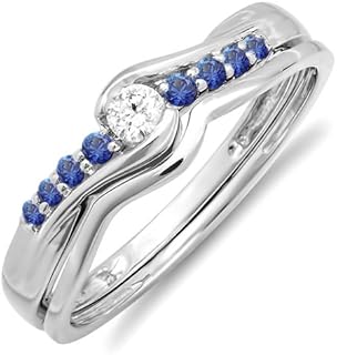 Dazzlingrock Collection 10K Round Blue Sapphire And White Diamond Ladies Bridal Promise Engagement Wedding Band Set, White Gold