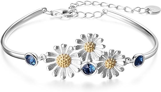 Lobster Claw Clasp Daisy Bead Bracelet with Box Chain, for Women, Sterling Silver Flower Design