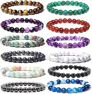 Set of 12 Obsidian Gemstone Beaded Bracelets with Bead Chain and Spring Ring Clasp for Men and Women - Multicolor 8mm Round Bead Crystal Bracelets