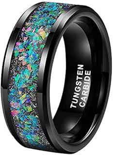 6mm 8mm Silver/Black Tungsten Rings for Men Women Couple Genuine Galaxy Opal Inlay Fashion Jewelry Engagement Wedding Bands Beveled Polished Shiny Comfort Fit