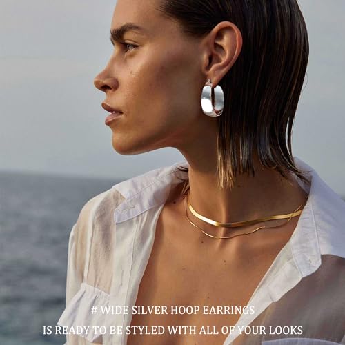 EXGOX Gold Hoop Earrings for Women Sterling Silver Post Hoops Earrings for Women Wide Thick Silver Hoop Earrings Hypoallergenic Lightweight 14k Real Gold Plated Hoop Large Earrings (25/30/40/50MM)