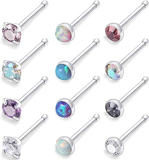 Kridzisw 18G 20G 22G Surgical Steel Nose Rings Studs CZ Opal 1.5mm 2mm 2.5mm 3mm for Women Men 12Pcs