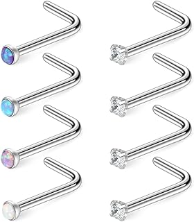 Ruifan 20G 316L Surgical Steel 1.5mm 2mm 2.5mm 3mm Jeweled Opal & Clear CZ Nose L-Shaped Rings Studs Ring Body Piercing Jewelry 8PCS