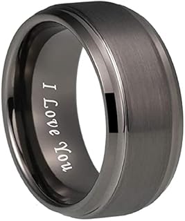10mm Gunmetal Tungsten Rings for Men Women Wedding Bands Engraved I Love You Stepped Beveled Edges Matte Finish Comfort Fit (Gunmetal 10mm,14)