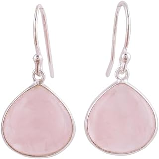 NOVICA Artisan Handmade Rose Quartz Dangle Earrings Sterling Silver from India Pink Birthstone [1.2 in L x 0.6 in W x 0.2 in D] ' Dancing Soul'
