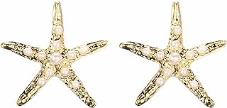 Women's Gold Plated Pearl Starfish Stud Earrings with Push Back - Bohemian Light Weight Beach-Inspired Jewelry