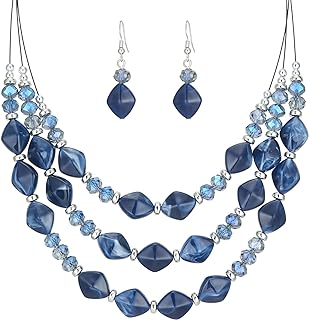 3 Layered Chunky Statement Necklace for Women Beaded Strand Necklaces with Earring Fashion Costumes Collar Necklace Jewelry Sets Gifts for Women