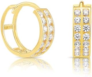 Hinged Hoop, 14K Yellow Gold Double-Row Hoop Earrings with Cubic Zirconia Accents for Women, Round & Oval Design