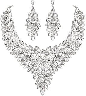 BriLove Wedding Bridal Statement Crystal Cluster Necklace Collar Choker Dangle Earring Jewelry Set for Women