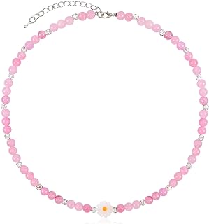Bohemian Pink Beaded Necklace for Women Girls with Cute Daisy Charm Gemstone Crystal Beads Choker Necklace Glass Beads Y2K Preppy Statement Necklace Adjustable Boho Summer Beach Jewelry Gift for Girls