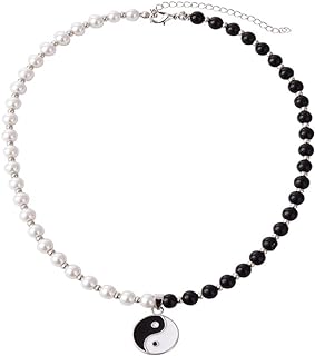 Hip Hop Cool Black White Beaded Yin Yang Taichi Necklace for Women Mens Link Chain Pearls Reiki Choker Punk Amulet Lucky Jewelry