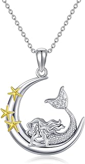 Diamond Star Pendant Necklace with Rolo Chain and Box Clasp, for Women, 925 Sterling Silver Mermaid Moon Design
