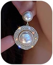 Pearl Rhinestone Circle Earrings Pearl Dangle Drop Earrings Dainty Round Shaped Pearl Earrings for Women Girls