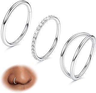 BodyBonita 3pcs Nose Rings Hoops - 316L Surgical Steel Double Hoop Nose Rings 16G/18G/20G Hinged CZ Conch Piercing Jewelry Septum Clicker Lip Rings Cartilage Earring Helix Rook Tragus Daith 7mm/8mm/9mm/10mm