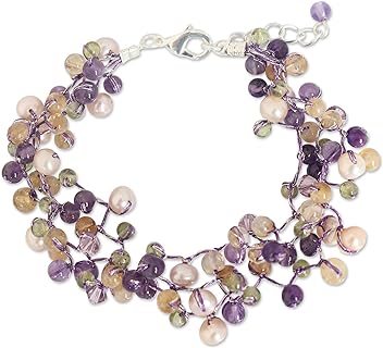 NOVICA Artisan Handmade Cultured Freshwater Pearl Amethyst Beaded Bracelet Silver Plated Brass Glass Purple White Thailand Birthstone 'Mystic Passion'