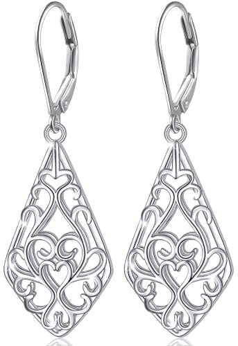 Teardrop Filigree Dangle Drop Leverback Earrings Sterling Silver Jewelry Gifts for Women
