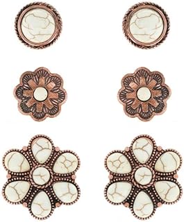 NIVEK Set of 3 White Turquoise Color Stud Earrings Copper Antique Finish Western Boho Flower Round Bohemian Southwestern