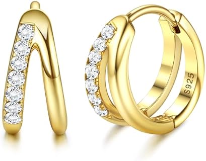 Dochais Sterling Silver and 14K Gold-Plated Double Hoop Earrings, Hypoallergenic with Hinged Hoop Back Finding & Cubic Zirconia for Stylish Women