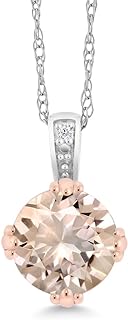 Gem Stone King 10K 2-Tone Gold Peach Morganite and White Diamond Pendant Necklace For Women (0.60 Cttw, Gemstone October Birthstone, Round 6MM, with 18 Inch Chain)