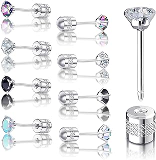GUIJUEYE Push in Threadless Flat Back Stud Earrings, 4 Pairs Mixed Colors Cubic Zirconia Surgical Steel Medical Grade Titanium Backless Helix Cartilage Tragus Piercing Earrings