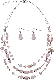 3 Layers Illusion Wire Glass Beaded Statement Necklace and Earring Set for Women