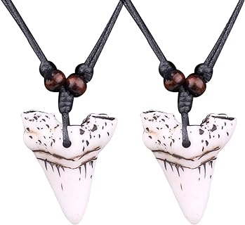 COLORFUL BLING 2Pcs Adjustable Rope Cord Shark Tooth Necklace Hawaiian Surfer Beads Resin Carved Pendant Beach Jewelry for Men Boy-White