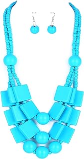 3 Layered Wood Beads Choker Necklace for Women, Statement Square Pieces Wood and Round Wooden Beaded Chunky Necklace, Bright Energetic Layered Chain Pendant Ladies Jewelry Gift