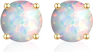 Clip-On 14K Gold Round Opal Stud Earrings for Women - Yellow Gold & Sterling Silver Combination, Timeless Stud Design