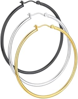 3 Pairs/Set Womens Stylish 2mm Thin Hoop Earrings Silver Gold Black Tone, Stainless Steel Earrings for Sensitive Ears Hypoallergenic, 30/40/50/60mm, Come Gift Box