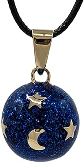 Tranquility Angel Caller Chime Necklace with Ball Clasp and Cable Chain, Alpaca Silver & Blue Glitter Enamel, Stars and Moon Design