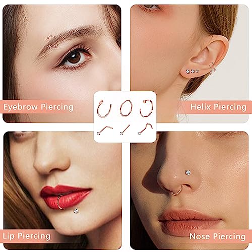 15 Pcs 20G Hypoallergenic G23 Titanium Nose Rings Hoops Nose Piercing L Shape Nose Studs Corkscrew Bone Nose Rings Studs 1.5/2/2.5mm Tiny CZ Sets for Women Men