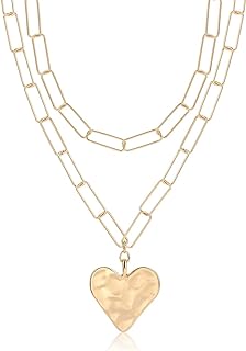 Layered Rectangle Paper Clip Chain Link Choker Statement Hammered Heart Pendant Necklace Minimalist Chunky Thick Chain Jewelry For Woman Girls