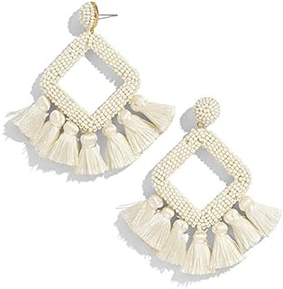 Bohemian Long Tassel Pom Ball Drop Earrings with Convenient Stud Back for Women and Girls
